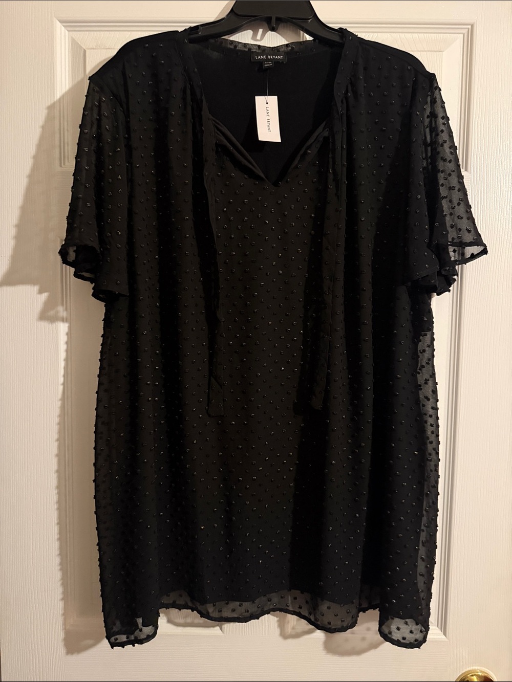 Lane Bryant Black Swiss Dot Tie Neck Tunic